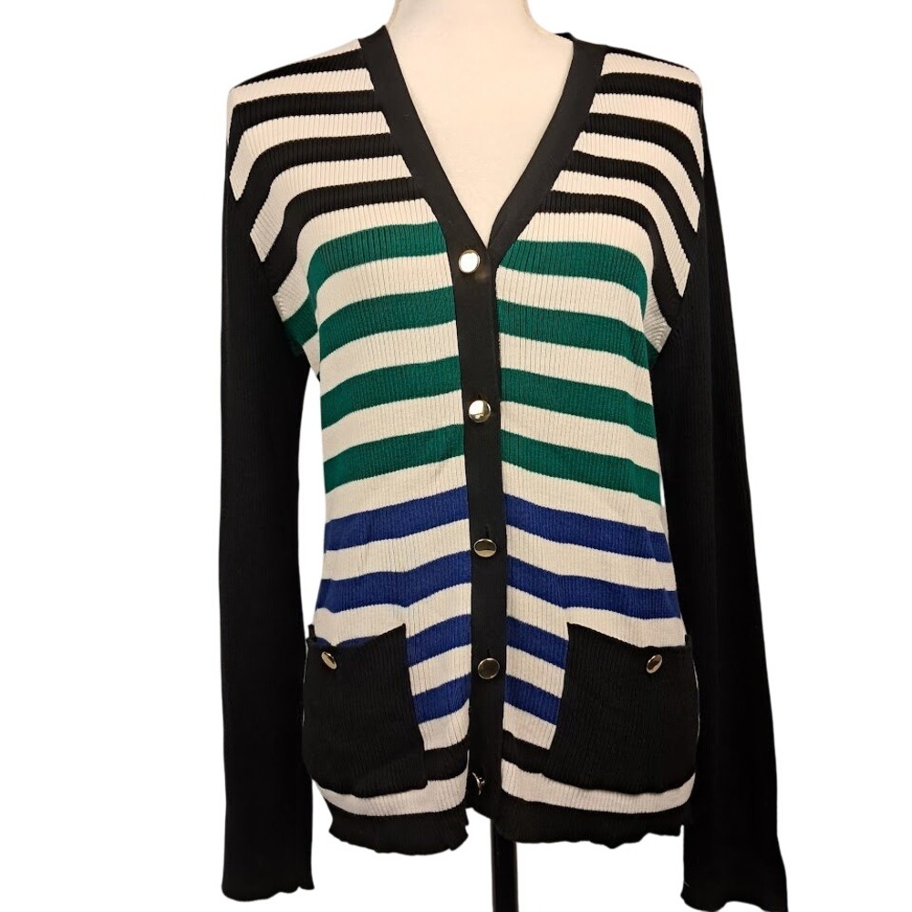 JONES NEW YORK LP Sapphire Multi Green Blue Black Long Cardigan Pockets NWT‎ $79